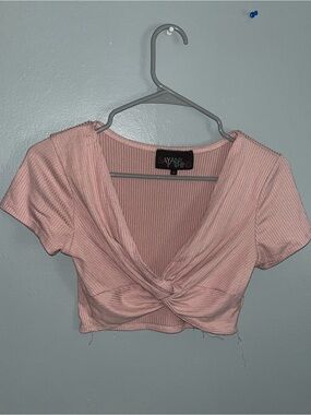 Say Anything Blush Ribbed Twist-Front Crop Top